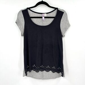 ALYA Faux Suede Top Laser Cut Hem Black Grey M Short Sleeve Blouse Women Cut Out